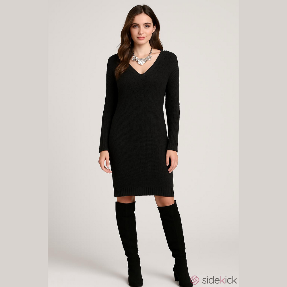 NEW! LOLE LBD Black Knit MIDI Sweater Dress V Neck Long Sleeve Extra Small XS